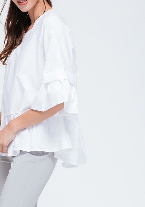 Women's Ruffle Hem Crew Neck Top In White