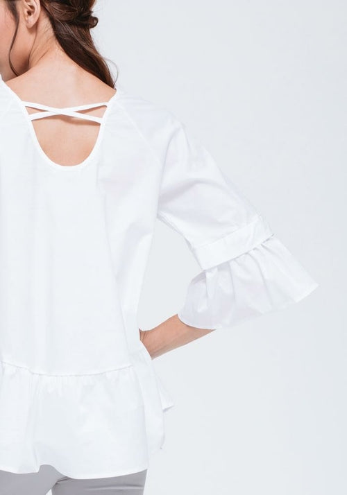 Women's Ruffle Hem Crew Neck Top In White